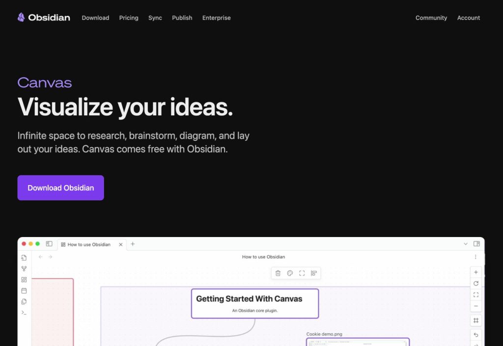 Obsidian Canvas — Best for Research-Heavy, Local-First Workflows